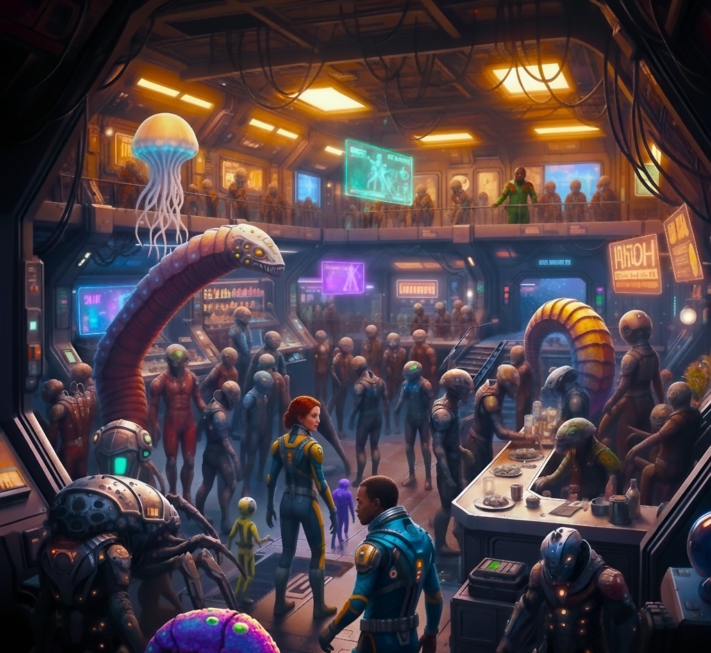 an unrealistic busy space station